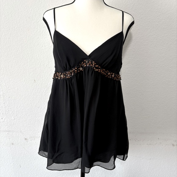 BCBGMAXAZRIA Silk Chiffon Babydoll Tank Top Lg Black Beaded Sheer Whimsigoth Y2K - Picture 1 of 9